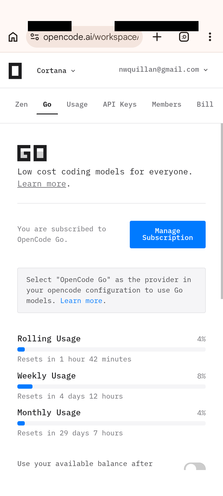 OpenCode Go usage dashboard showing 4% rolling, 8% weekly, and 4% monthly usage after three days of heavy operation.